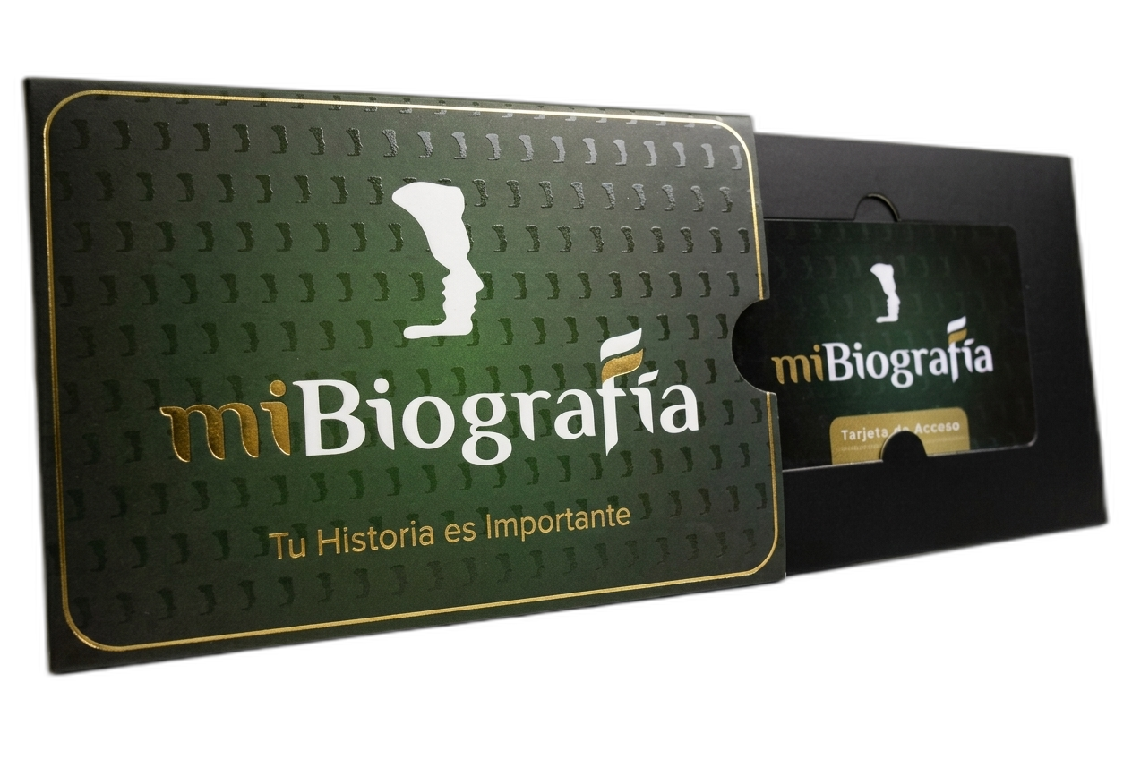 Caja regalo, presentación y tarjeta de activación de Mi Biografía